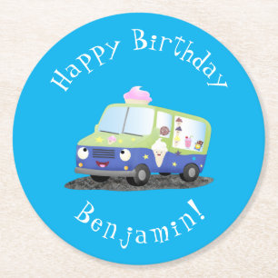 Cute happy ice cream truck cartoon  round paper coaster