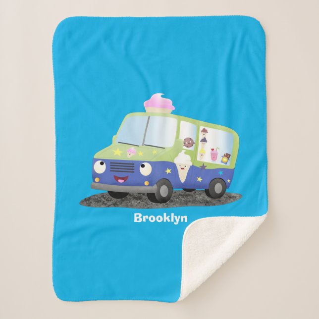 Cute happy ice cream truck cartoon sherpa blanket (Front)