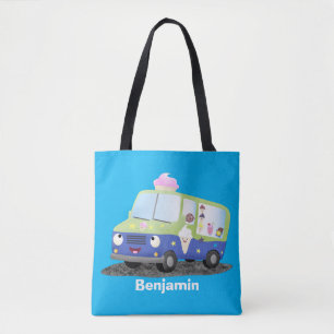 Cute happy ice cream truck cartoon tote bag