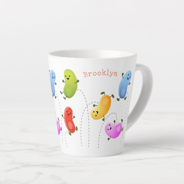 Cute happy jellybeans jumping cartoon illustration latte mug (Right Angle)
