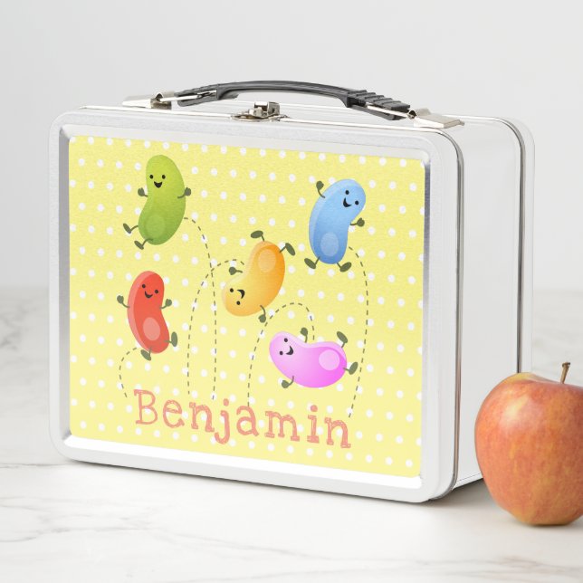 Cute happy jellybeans jumping cartoon illustration metal lunch box (In Situ)