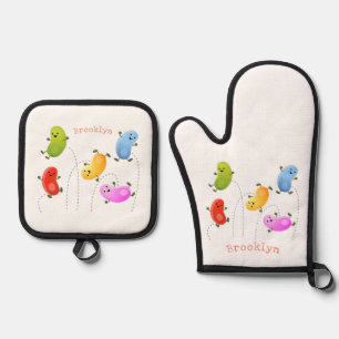 Cute happy jellybeans jumping cartoon illustration oven mitt & pot holder set