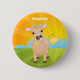 Cute happy jersey cow and flower cartoon 2 inch round button