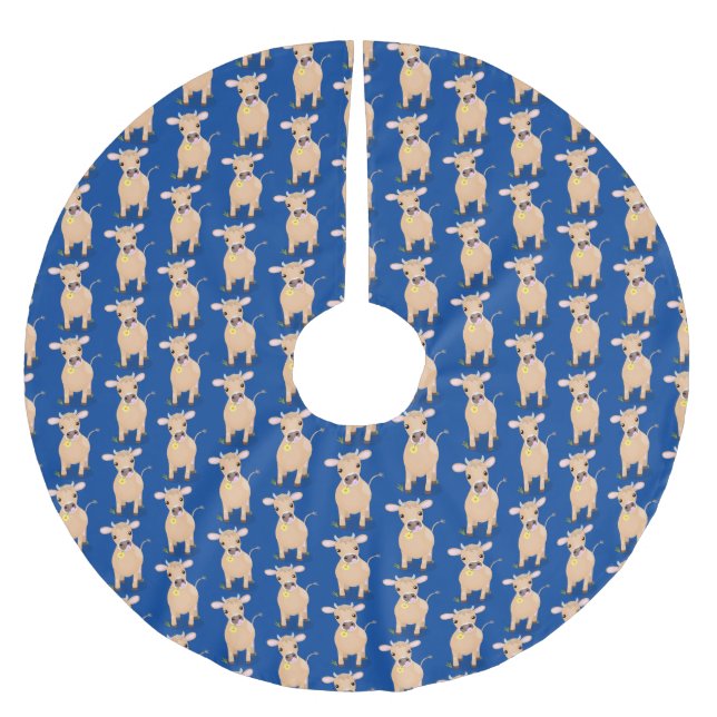 Cute happy jersey cow and flower cartoon brushed polyester tree skirt (Front)