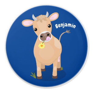 Cute happy jersey cow and flower cartoon ceramic knob