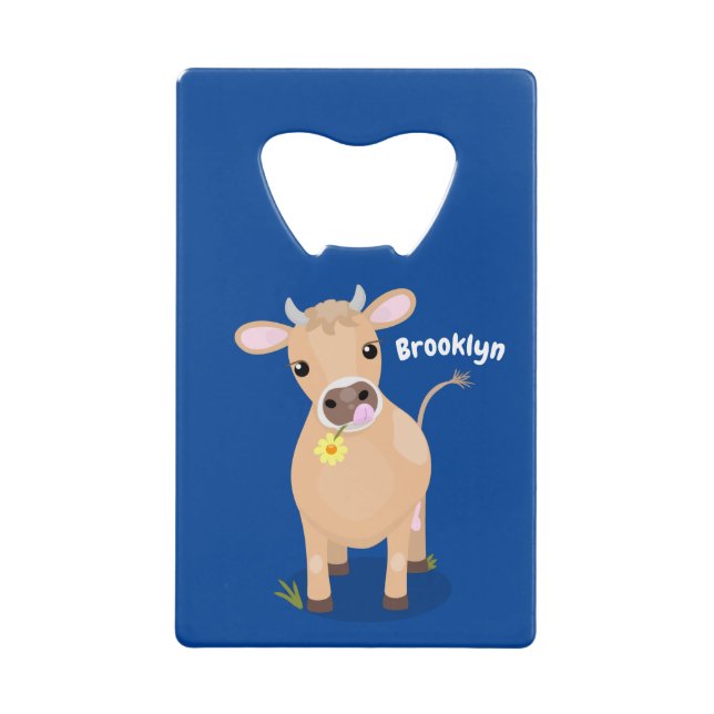 Cute happy jersey cow and flower cartoon credit card bottle opener (Front)