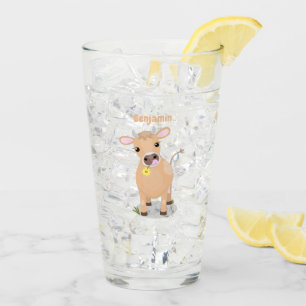 Cute happy jersey cow and flower cartoon glass
