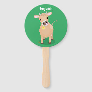Cute happy jersey cow and flower cartoon hand fan