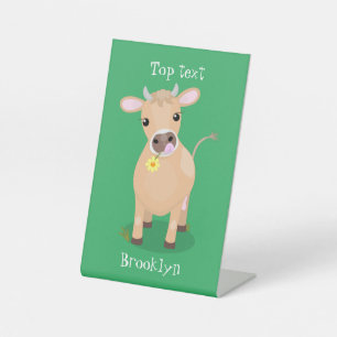Cute happy jersey cow and flower cartoon pedestal sign