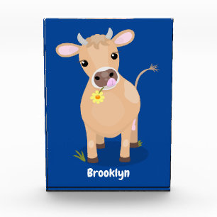 Cute happy jersey cow and flower cartoon photo block