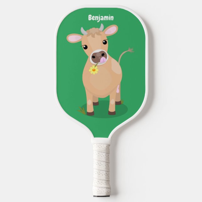 Cute happy jersey cow and flower cartoon pickleball paddle (Front)