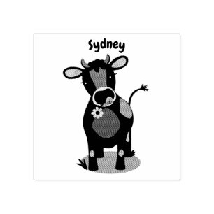 Cute happy jersey cow and flower cartoon rubber stamp