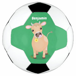 Cute happy jersey cow and flower cartoon soccer ball