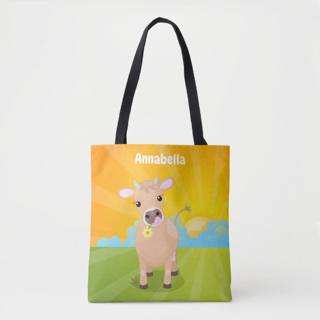 Cute happy jersey cow and flower cartoon tote bag (Front)
