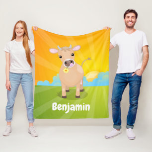 Cute happy jersey cow and flower sunrise cartoon fleece blanket