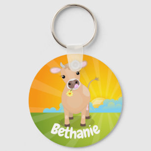 Cute happy jersey cow and flower sunrise cartoon keychain