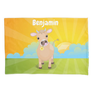 Cute happy jersey cow and flower sunrise cartoon pillowcase