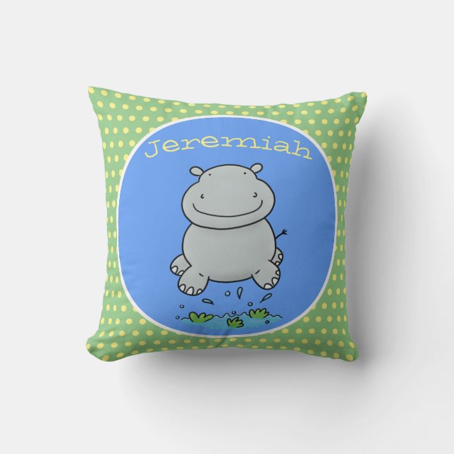 Cute happy jumping hippo cartoon illustration throw pillow (Front)