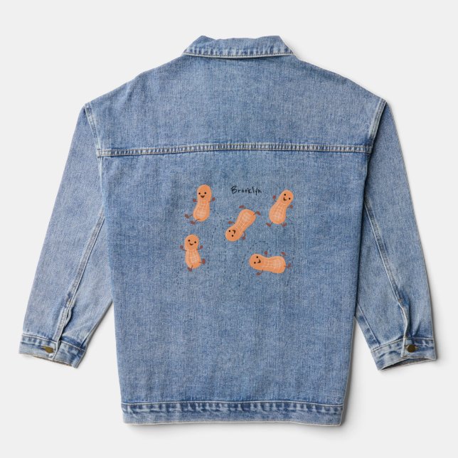Cute happy jumping peanuts cartoon illustration denim jacket (Back)