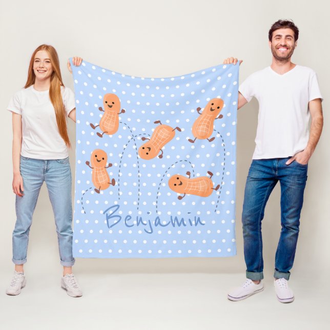 Cute happy jumping peanuts cartoon illustration fleece blanket (In Situ)