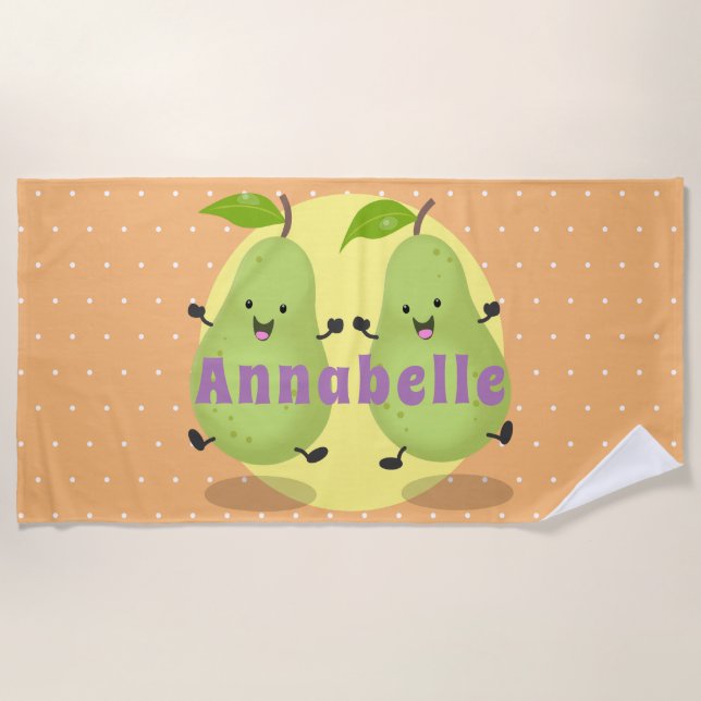 Cute happy jumping pears cartoon illustration beach towel (Front)