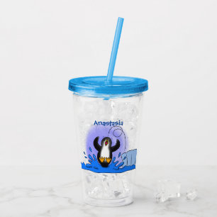 Cute happy jumping penguin cartoon illustration acrylic tumbler