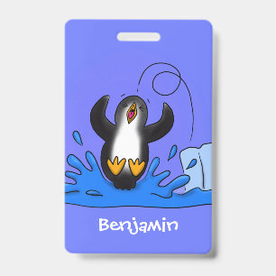 Cute happy jumping penguin cartoon illustration badge