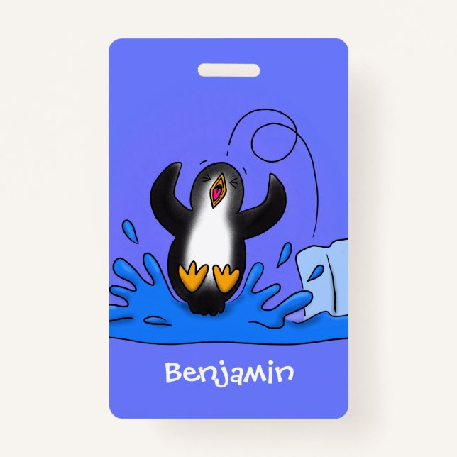 Cute happy jumping penguin cartoon illustration badge (Front)