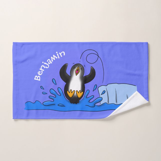Cute happy jumping penguin cartoon illustration bath towel set (Hand Towel)