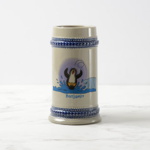 Cute happy jumping penguin cartoon illustration beer stein