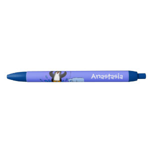 Cute happy jumping penguin cartoon illustration black ink pen
