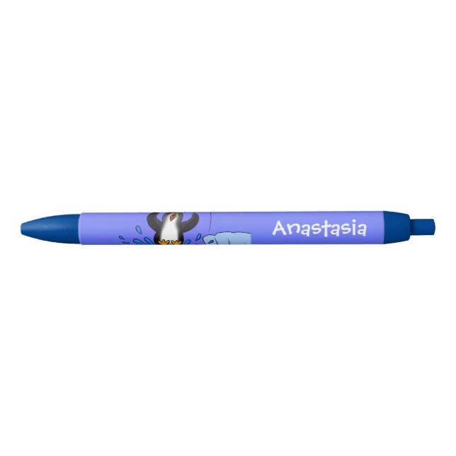 Cute happy jumping penguin cartoon illustration black ink pen (Front)