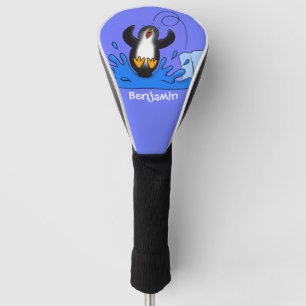 Cute happy jumping penguin cartoon illustration golf head cover