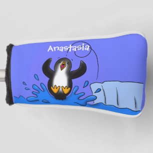 Cute happy jumping penguin cartoon illustration golf head cover