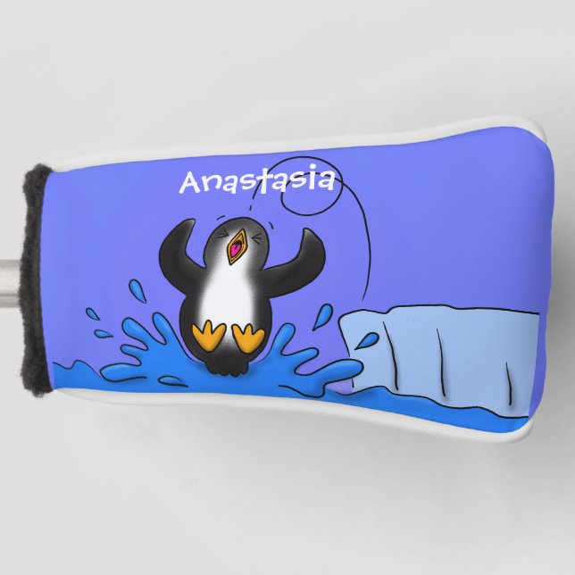 Cute happy jumping penguin cartoon illustration golf head cover (Front)