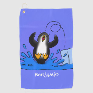 Cute happy jumping penguin cartoon illustration golf towel