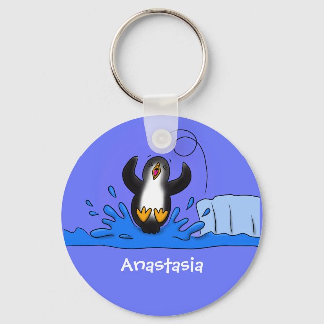 Cute happy jumping penguin cartoon illustration keychain (Front)