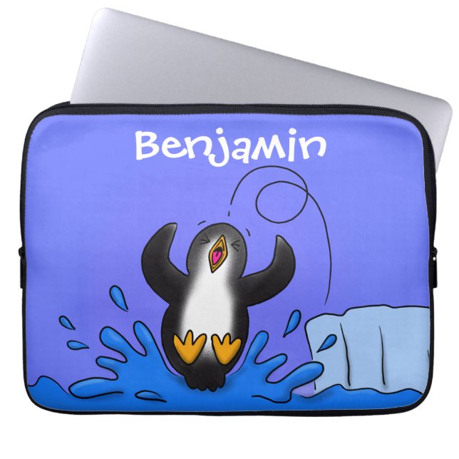 Cute happy jumping penguin cartoon illustration laptop sleeve (Front)