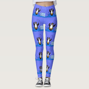 Cute happy jumping penguin cartoon illustration leggings