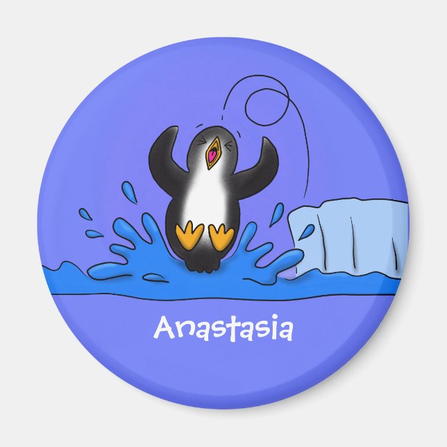 Cute happy jumping penguin cartoon illustration magnet (Front)