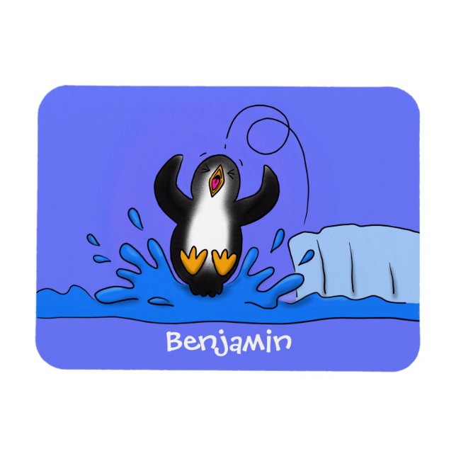 Cute happy jumping penguin cartoon illustration magnet (Horizontal)