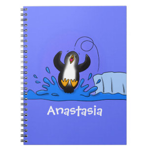 Cute happy jumping penguin cartoon illustration notebook
