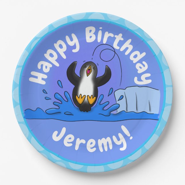 Cute happy jumping penguin cartoon illustration paper plate (Front)