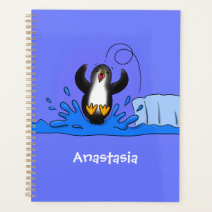 Cute happy jumping penguin cartoon illustration planner