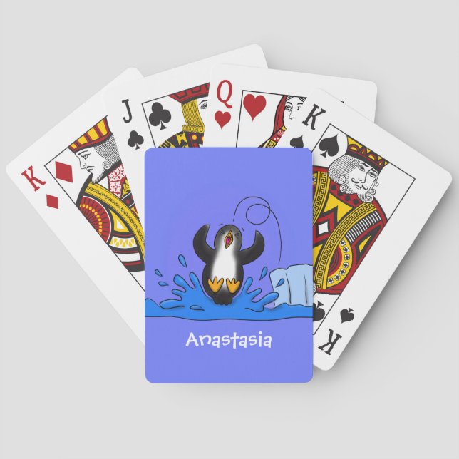 Cute happy jumping penguin cartoon illustration playing cards (Back)
