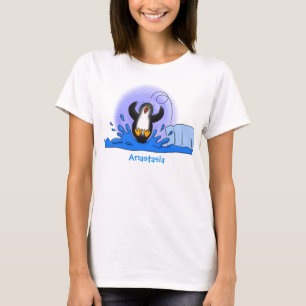 Cute happy jumping penguin cartoon illustration T-Shirt