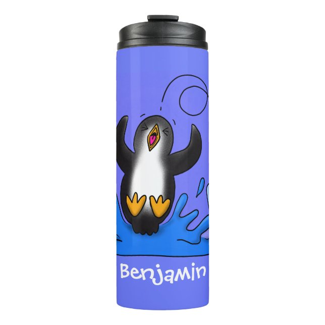 Cute happy jumping penguin cartoon illustration thermal tumbler (Front)