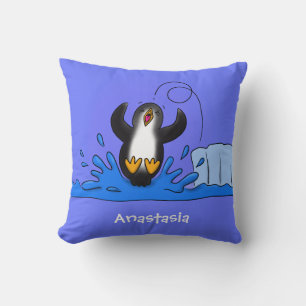 Cute happy jumping penguin cartoon illustration throw pillow