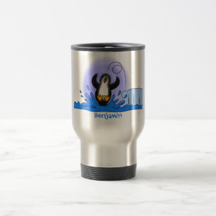 Cute happy jumping penguin cartoon illustration travel mug