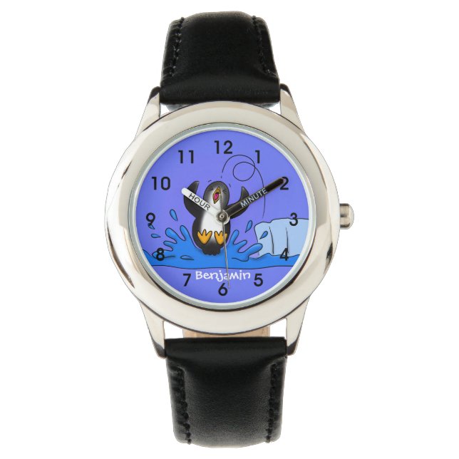 Cute happy jumping penguin cartoon illustration watch (Front)